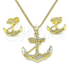 Oro Laminado Earring and Pendant Adult Set, Gold Filled Style Anchor Design, with White Micro Pave, Polished, Golden Finish, 10.156.0359