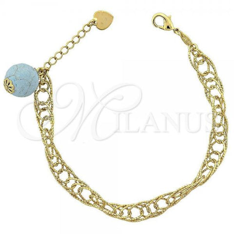 Oro Laminado Fancy Bracelet, Gold Filled Style Ball Design, with Blue Topaz Opal, Diamond Cutting Finish, Golden Finish, 5.037.008