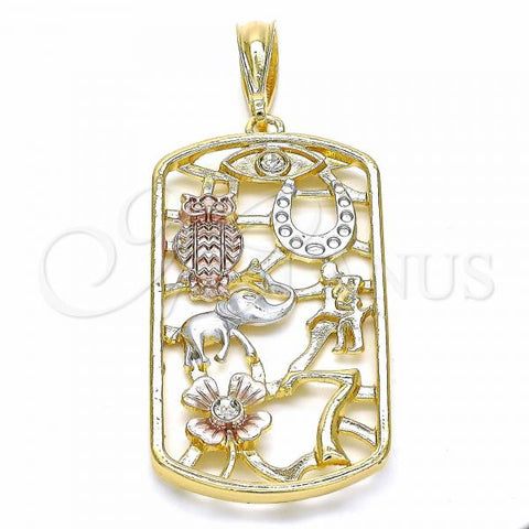 Oro Laminado Religious Pendant, Gold Filled Style Elephant and Owl Design, with White Crystal, Polished, Tricolor, 05.351.0032