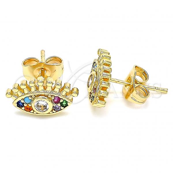 Oro Laminado Stud Earring, Gold Filled Style Evil Eye Design, with Multicolor Micro Pave, Polished, Golden Finish, 02.210.0415