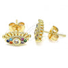 Oro Laminado Stud Earring, Gold Filled Style Evil Eye Design, with Multicolor Micro Pave, Polished, Golden Finish, 02.210.0415