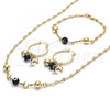 Oro Laminado Necklace, Bracelet and Earring, Gold Filled Style Dolphin and Evil Eye Design, Black Resin Finish, Golden Finish, 06.63.0226