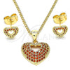 Oro Laminado Earring and Pendant Adult Set, Gold Filled Style Heart Design, with Garnet Micro Pave, Polished, Golden Finish, 10.156.0411.1