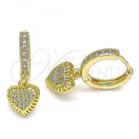 Oro Laminado Huggie Hoop, Gold Filled Style Heart Design, with White Micro Pave, Polished, Golden Finish, 02.381.0020.15