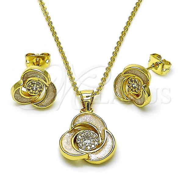 Oro Laminado Earring and Pendant Adult Set, Gold Filled Style Love Knot and Rolo Design, with White Micro Pave and White Cubic Zirconia, White Enamel Finish, Golden Finish, 10.156.0507