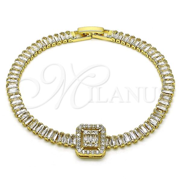 Oro Laminado Tennis Bracelet, Gold Filled Style Baguette and Cluster Design, with White Cubic Zirconia and White Micro Pave, Polished, Golden Finish, 03.283.0389.07
