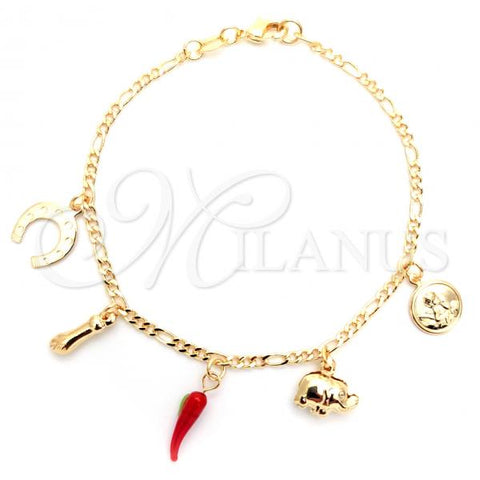 Oro Laminado Charm Bracelet, Gold Filled Style Elephant and Hand Design, Polished, Golden Finish, 03.32.0301.07