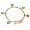 Oro Laminado Charm Bracelet, Gold Filled Style Star and Rolo Design, with White Crystal, Pink Enamel Finish, Golden Finish, 03.63.1358.07