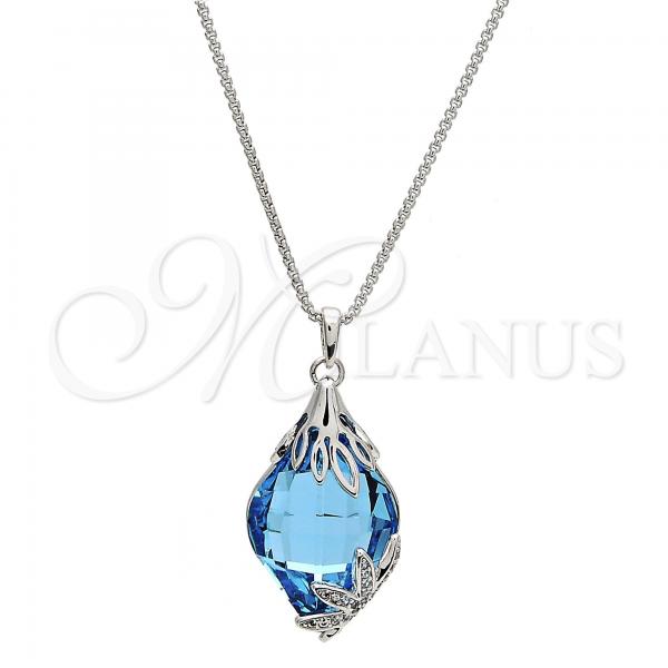 Rhodium Plated Pendant Necklace, Leaf Design, with Aquamarine Swarovski Crystals and White Micro Pave, Polished, Rhodium Finish, 04.239.0013.16