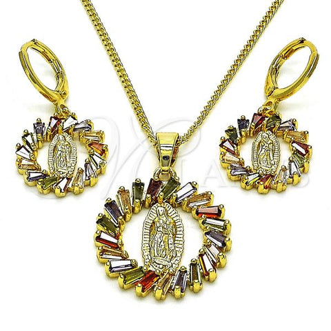 Oro Laminado Earring and Pendant Adult Set, Gold Filled Style Guadalupe and Baguette Design, with Multicolor Cubic Zirconia, Polished, Golden Finish, 10.316.0073.1