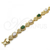 Oro Laminado Tennis Bracelet, Gold Filled Style Heart and Teardrop Design, with Green and White Cubic Zirconia, Polished, Golden Finish, 03.210.0072.3.08
