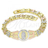Oro Laminado Fancy Bracelet, Gold Filled Style Guadalupe and Flower Design, Diamond Cutting Finish, Tricolor, 03.380.0099.07