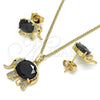 Oro Laminado Earring and Pendant Adult Set, Gold Filled Style Elephant Design, with Black Cubic Zirconia and White Micro Pave, Polished, Golden Finish, 10.210.0125.1