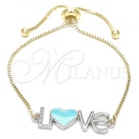 Oro Laminado Adjustable Bolo Bracelet, Gold Filled Style Love and Heart Design, Turquoise Enamel Finish, Two Tone, 03.63.1859.10