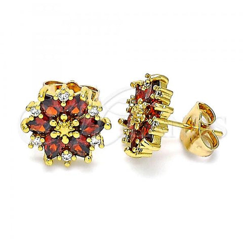 Oro Laminado Stud Earring, Gold Filled Style Flower Design, with Garnet and White Cubic Zirconia, Polished, Golden Finish, 02.346.0015