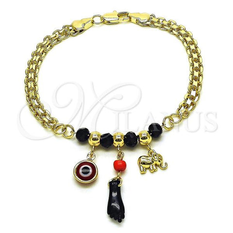 Oro Laminado Charm Bracelet, Gold Filled Style Figa Hand and Evil Eye Design, Polished, Golden Finish, 03.213.0219.08