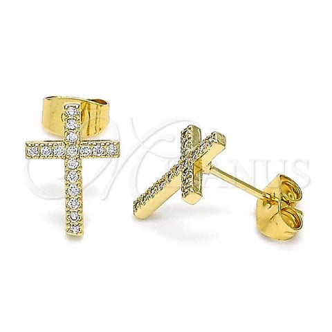 Oro Laminado Stud Earring, Gold Filled Style Cross Design, with White Micro Pave, Polished, Golden Finish, 02.344.0112