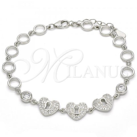 Sterling Silver Fancy Bracelet, Heart and Lock Design, with White Cubic Zirconia, Polished, Rhodium Finish, 03.369.0009.07