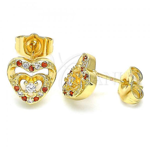 Oro Laminado Stud Earring, Gold Filled Style Heart Design, with Garnet Micro Pave and White Cubic Zirconia, Polished, Golden Finish, 02.233.0047.1