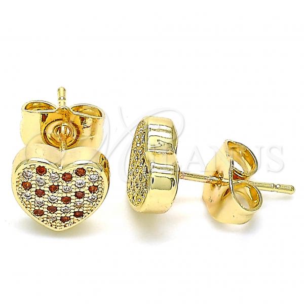 Oro Laminado Stud Earring, Gold Filled Style Heart Design, with Garnet and White Micro Pave, Polished, Golden Finish, 02.156.0488.1