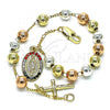 Oro Laminado Charm Bracelet, Gold Filled Style Guadalupe and Crucifix Design, with Multicolor Crystal, Polished, Tricolor, 03.351.0155.08