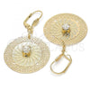 Oro Laminado Dangle Earring, Gold Filled Style Filigree and Flower Design, with White Crystal, Diamond Cutting Finish, Golden Finish, 90.006