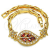 Oro Laminado Fancy Bracelet, Gold Filled Style Leaf and Fish Design, with Garnet and White Cubic Zirconia, Polished, Golden Finish, 03.210.0095.1.08