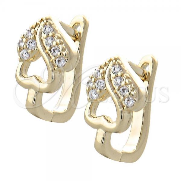 Oro Laminado Huggie Hoop, Gold Filled Style Heart Design, with White Cubic Zirconia, Polished, Golden Finish, 02.155.0056