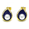 Oro Laminado Stud Earring, Gold Filled Style Teardrop Design, with Ivory Pearl, Blue Enamel Finish, Golden Finish, 02.379.0027.2