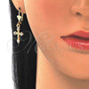Oro Laminado Dangle Earring, Gold Filled Style Cross Design, with White Crystal, Polished, Golden Finish, 02.351.0036