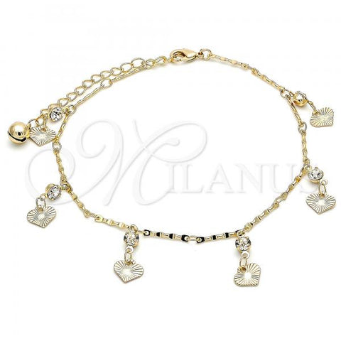Oro Laminado Charm Anklet , Gold Filled Style Heart and Rattle Charm Design, with White Crystal, Polished, Golden Finish, 03.213.0111.10