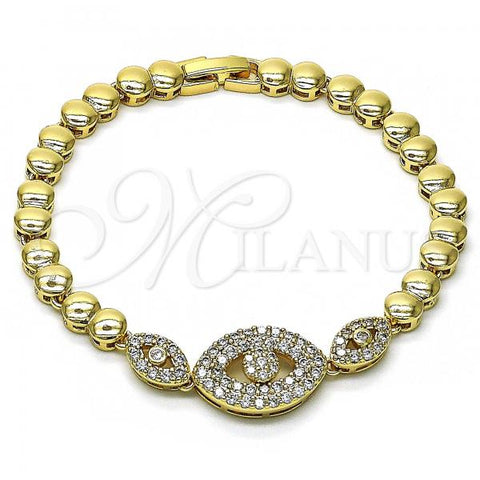 Oro Laminado Fancy Bracelet, Gold Filled Style Evil Eye Design, with White Micro Pave and White Cubic Zirconia, Polished, Golden Finish, 03.283.0101.07