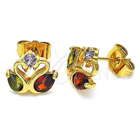 Oro Laminado Stud Earring, Gold Filled Style Swan Design, with Multicolor Cubic Zirconia, Polished, Golden Finish, 02.387.0083.1