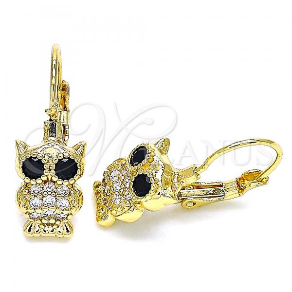 Oro Laminado Leverback Earring, Gold Filled Style Owl Design, with White and Black Micro Pave, Polished, Golden Finish, 02.210.0380