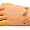 Oro Laminado Charm Bracelet, Gold Filled Style Evil Eye and Paperclip Design, with White Crystal, Blue Resin Finish, Golden Finish, 03.63.2247.08