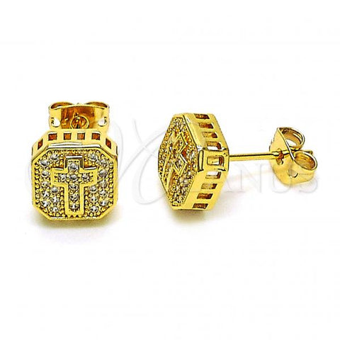Oro Laminado Stud Earring, Gold Filled Style Cross Design, with White Micro Pave, Polished, Golden Finish, 02.342.0253