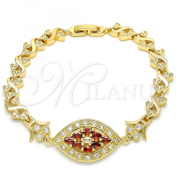 Oro Laminado Fancy Bracelet, Gold Filled Style Heart Design, with Garnet and White Cubic Zirconia, Polished, Golden Finish, 03.210.0117.2.08