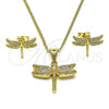Oro Laminado Earring and Pendant Adult Set, Gold Filled Style Dragon-Fly Design, with White Micro Pave, Polished, Golden Finish, 10.342.0119