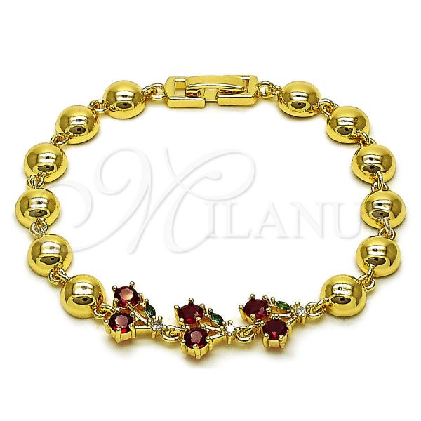 Oro Laminado Fancy Bracelet, Gold Filled Style Cherry and Ball Design, with Garnet and Green Cubic Zirconia, Polished, Golden Finish, 03.283.0475.07