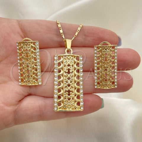 Oro Laminado Earring and Pendant Adult Set, Gold Filled Style with White Crystal, Polished, Golden Finish, 10.306.0020