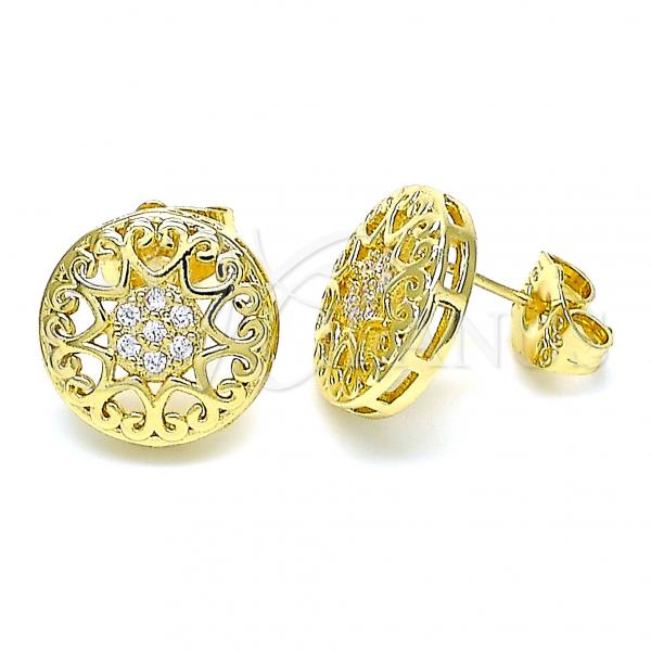 Oro Laminado Stud Earring, Gold Filled Style Heart Design, with White Micro Pave, Polished, Golden Finish, 02.156.0568