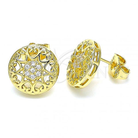 Oro Laminado Stud Earring, Gold Filled Style Heart Design, with White Micro Pave, Polished, Golden Finish, 02.156.0568