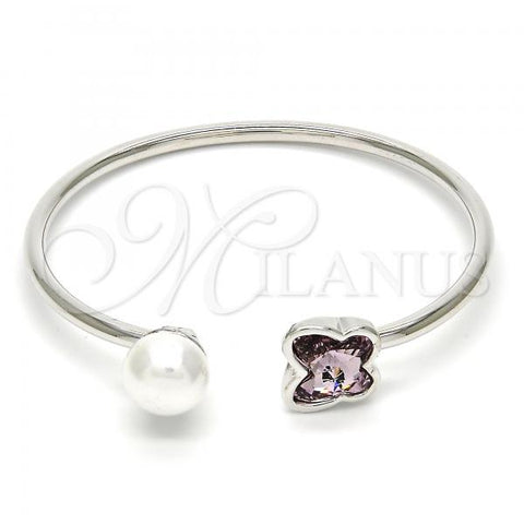 Rhodium Plated Individual Bangle, Butterfly Design, with Amethyst Swarovski Crystals and Ivory Pearl, Polished, Rhodium Finish, 07.239.0005.7 (03 MM Thickness, One size fits all)