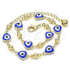 Oro Laminado Fancy Anklet, Gold Filled Style Evil Eye and Heart Design, Blue Enamel Finish, Golden Finish, 03.213.0037.2.10