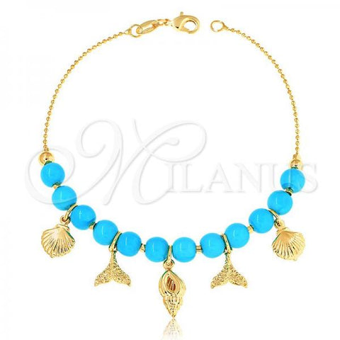 Oro Laminado Charm Bracelet, Gold Filled Style Fish Design, with Turquoise Pearl, Blue Polished, Golden Finish, 03.32.0183.07