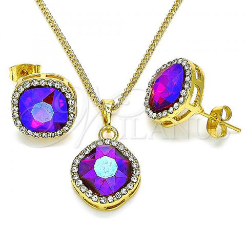 Oro Laminado Earring and Pendant Adult Set, Gold Filled Style with Heliotrope and White Crystal, Polished, Golden Finish, 10.379.0025