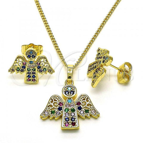 Oro Laminado Earring and Pendant Adult Set, Gold Filled Style Angel Design, with Multicolor Cubic Zirconia, Polished, Golden Finish, 10.284.0028.1