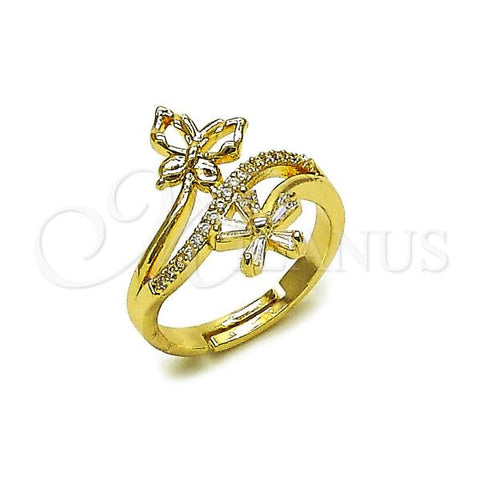 Oro Laminado Multi Stone Ring, Gold Filled Style Flower and Butterfly Design, with White Cubic Zirconia and White Micro Pave, Polished, Golden Finish, 01.266.0066
