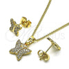 Oro Laminado Earring and Pendant Adult Set, Gold Filled Style Butterfly Design, with White Micro Pave, Polished, Golden Finish, 10.284.0025