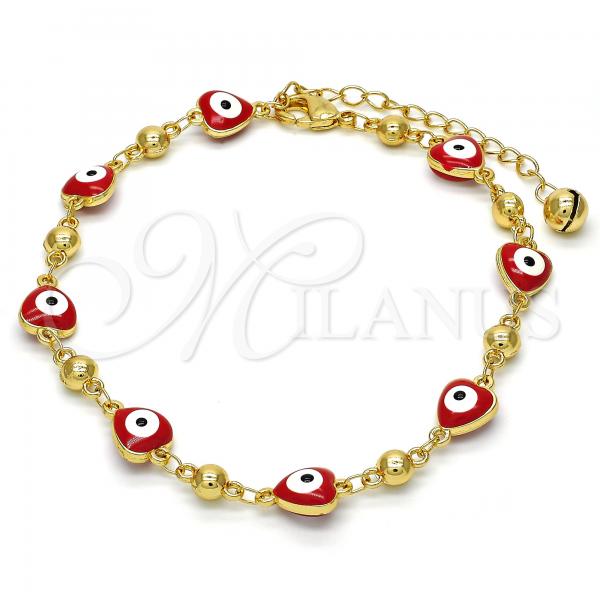 Oro Laminado Fancy Anklet, Gold Filled Style Heart and Evil Eye Design, Red Enamel Finish, Golden Finish, 03.213.0037.1.10